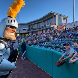 Fear the Golden Knight talking to kids at the Tri-City ValleyCats game