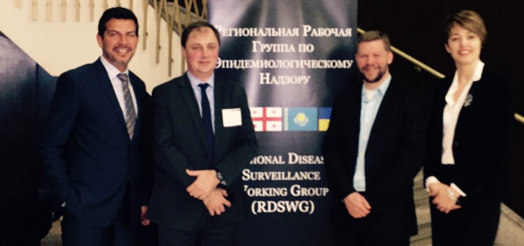 Dr. Nino Kharaishvili, MD, MBA (at far right) in 2016 with the Ukraine Deputy Minister of Health at that time and representatives of the Defense Threat Reduction Agency.